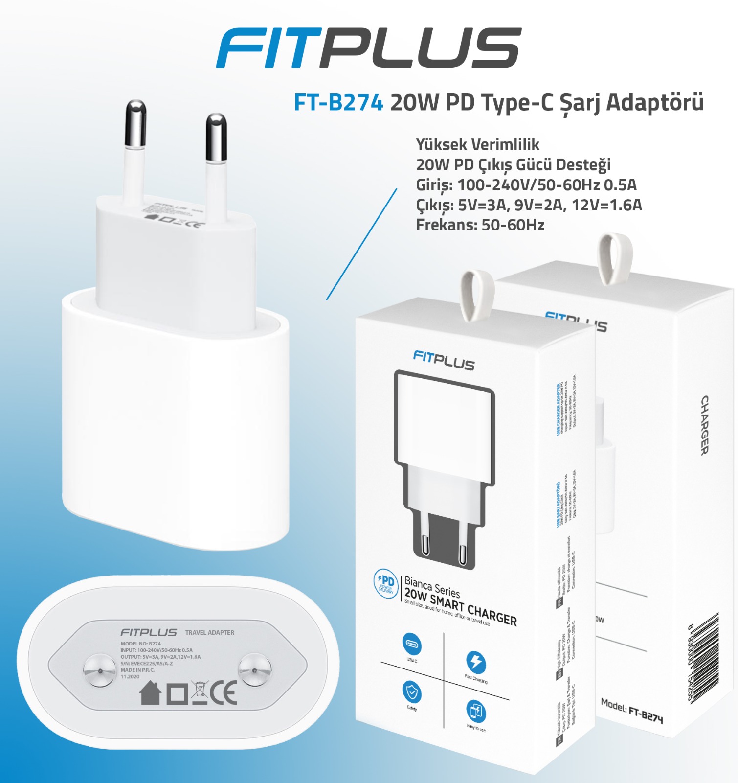 FitPlus Bianca Seri PD 20W Type-C Çıkışlı Şarj Adaptörü B274 Beyaz