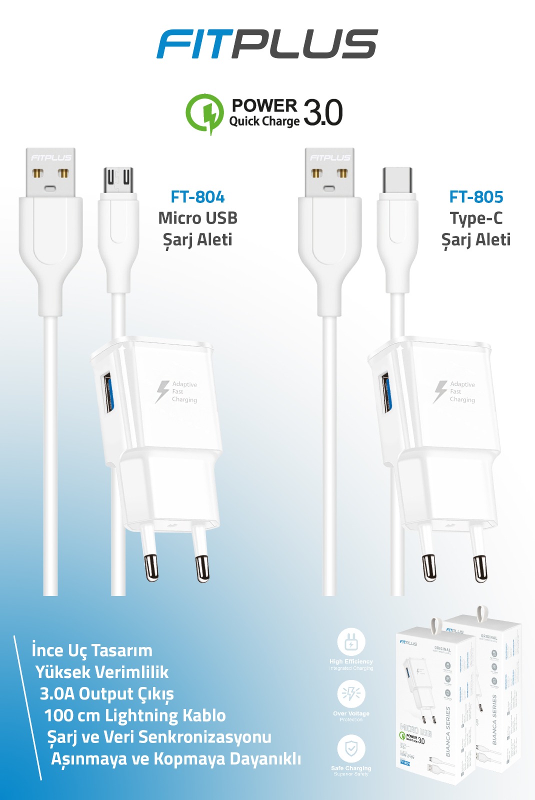 FitPlus Bianca Seri QC 3.0 Hızlı Şarj Aleti ve Micro USB Kablo Set FT-804 Beyaz